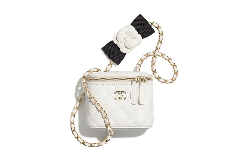 chanel spring summer 2021 small leather goods white mini bag gold chain camellia bow