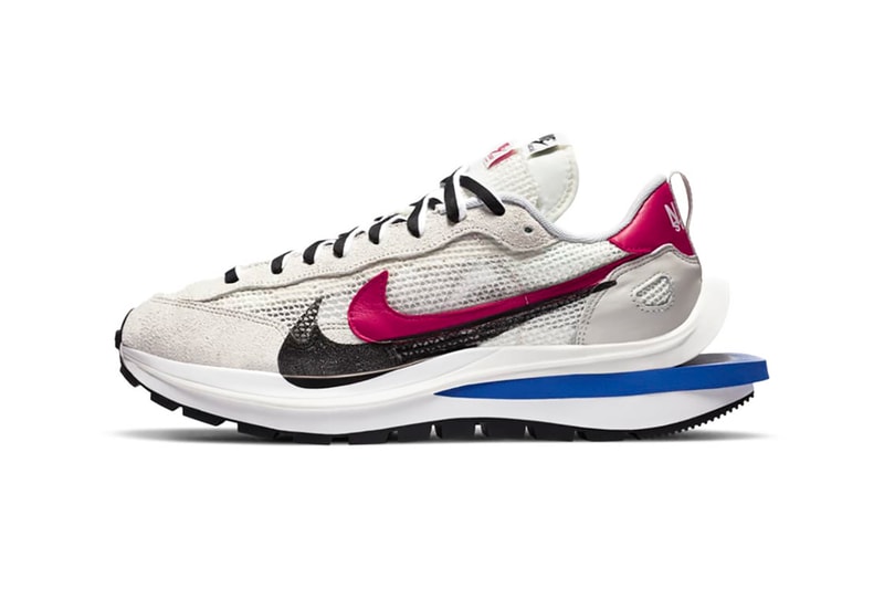 sacai nike collaboration vaporwaffle sneakers black white pink blue colorway sneakerhead footwear shoes chitose abe