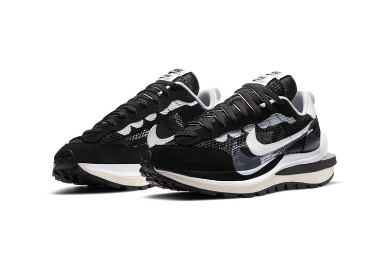 sacai nike collaboration vaporwaffle sneakers black white pink blue colorway sneakerhead footwear shoes chitose abe