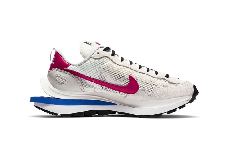 sacai nike collaboration vaporwaffle sneakers black white pink blue colorway sneakerhead footwear shoes chitose abe