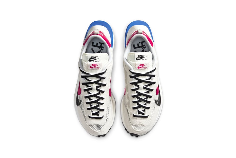 sacai nike collaboration vaporwaffle sneakers black white pink blue colorway sneakerhead footwear shoes chitose abe