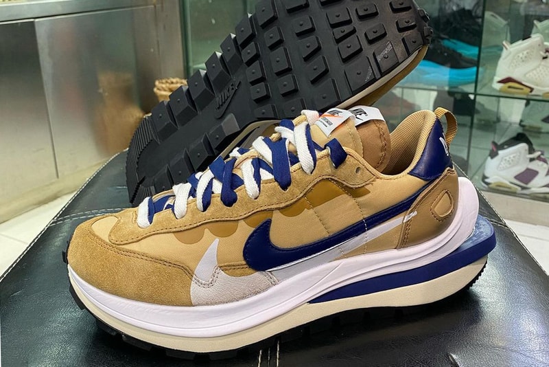 sacai nike vaporwaffle tan navy sneakers collaboration closer look release