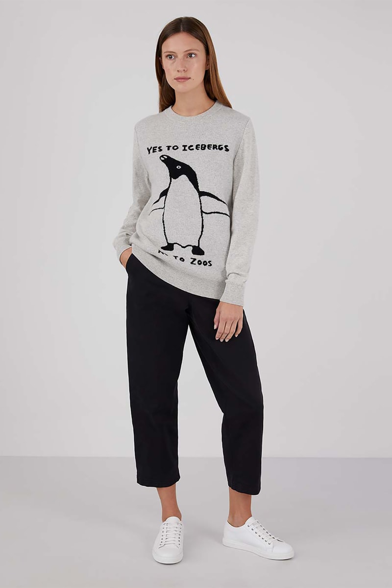 sunspel david shrigley obe collaboration christmas sweaters jumpers environmental awareness gray navy blue 