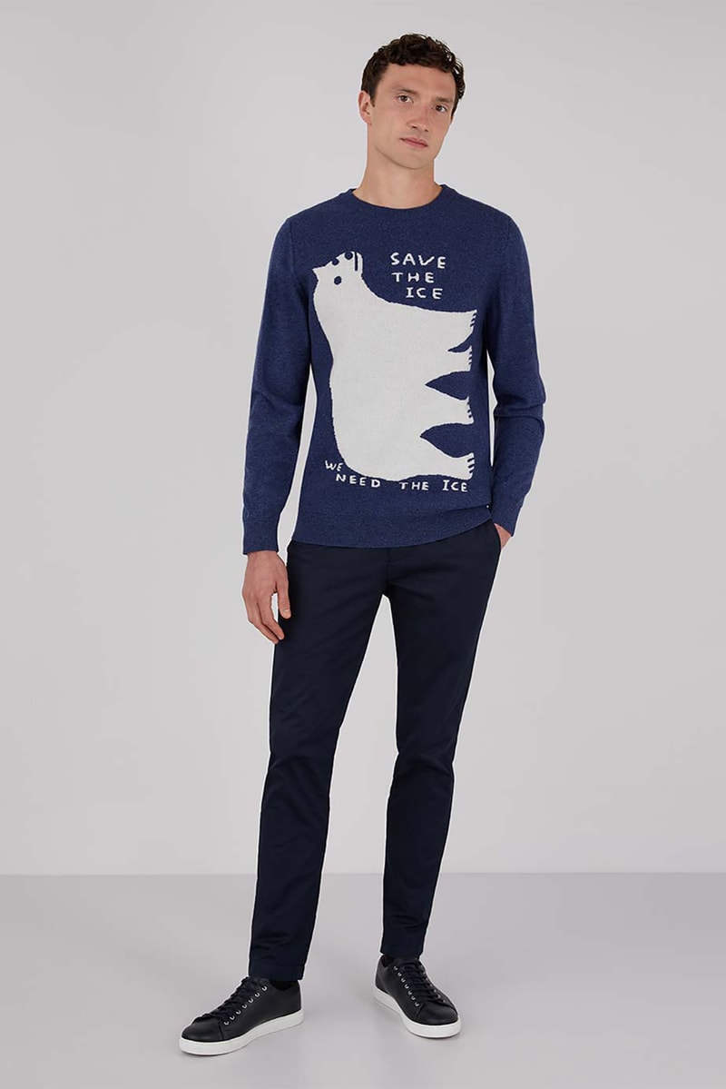 sunspel david shrigley obe collaboration christmas sweaters jumpers environmental awareness gray navy blue 