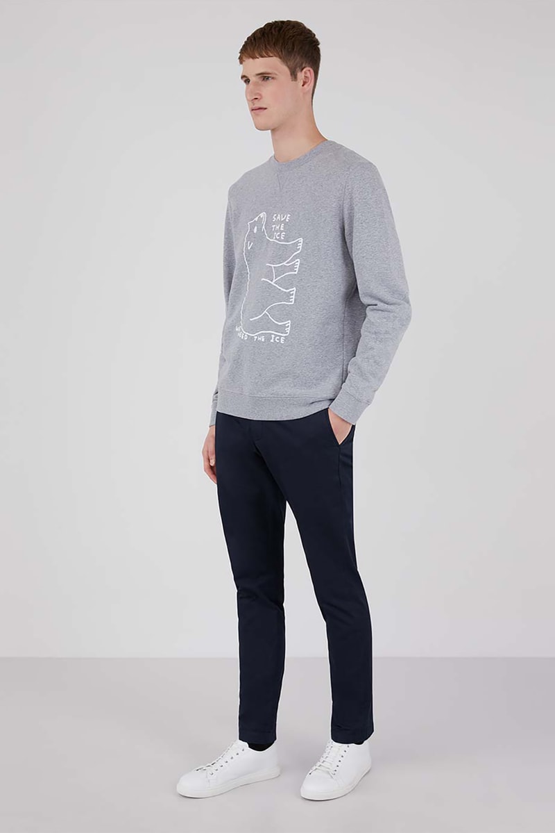 sunspel david shrigley obe collaboration christmas sweaters jumpers environmental awareness gray navy blue 