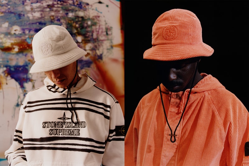 supreme stone island fall collaboration outerwear jackets hoodies bucket hats white black orange