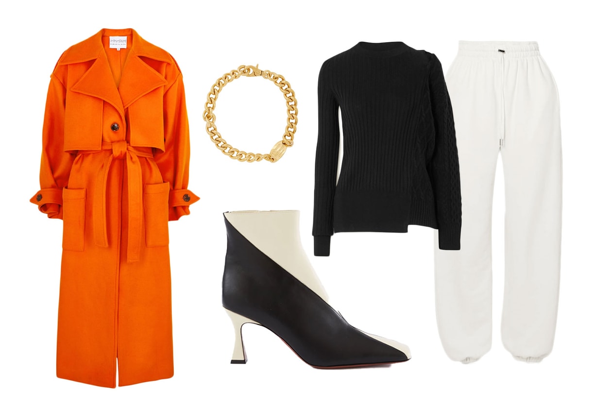 tracksuit styling editors guide outfit frankie shop sweatpants sacai knit sweater orange coat