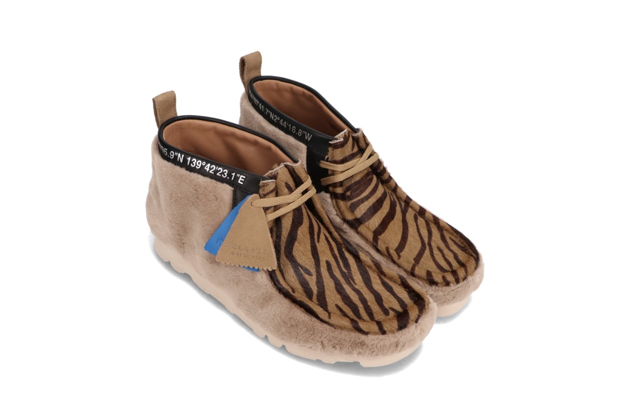 atmos tokyo clarks originals wallabee gen boots maple tiger black tiger animal print faux fur winter release