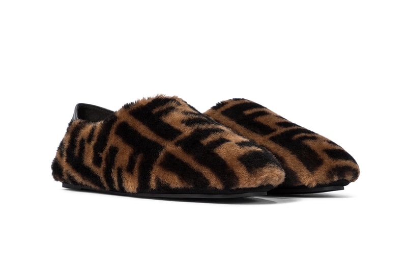 Fendi FF Shearling Slippers Zucca Print Pattern Logo Brown Black Leather House Shoes