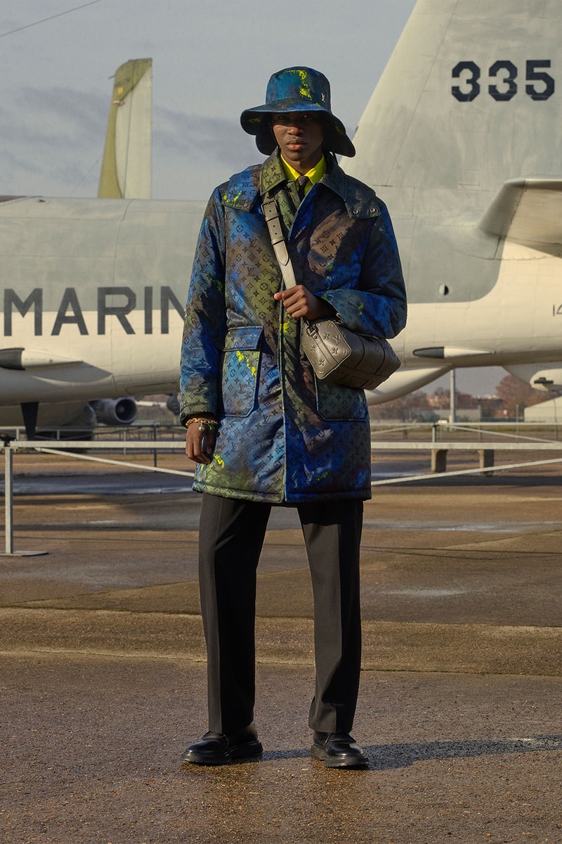 louis vuitton mens pre-fall 2021 collection lookbook virgil abloh paint yellow blue monogram coat jacket hat