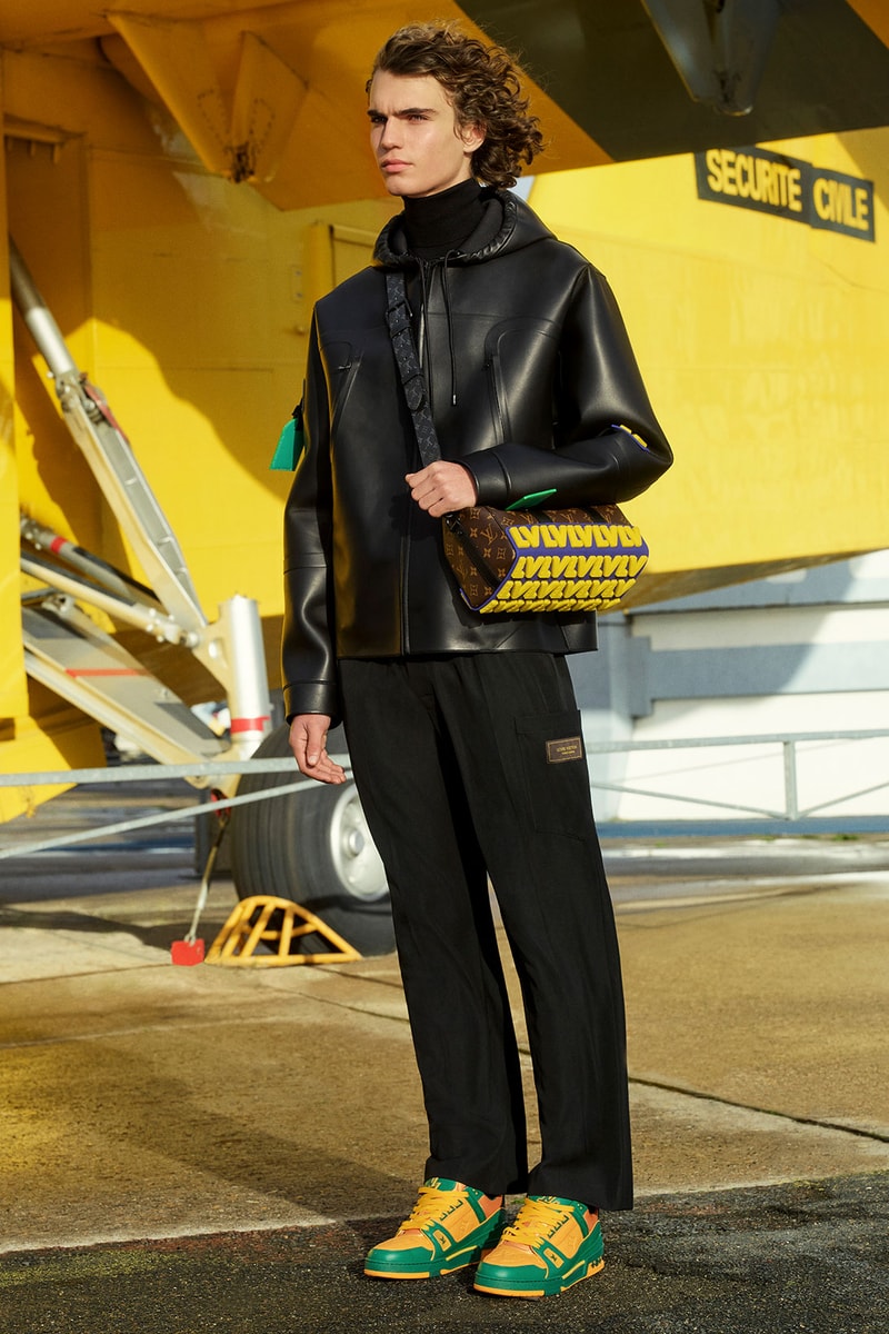 louis vuitton mens pre-fall 2021 collection lookbook virgil abloh leather jacket green yellow sneakers