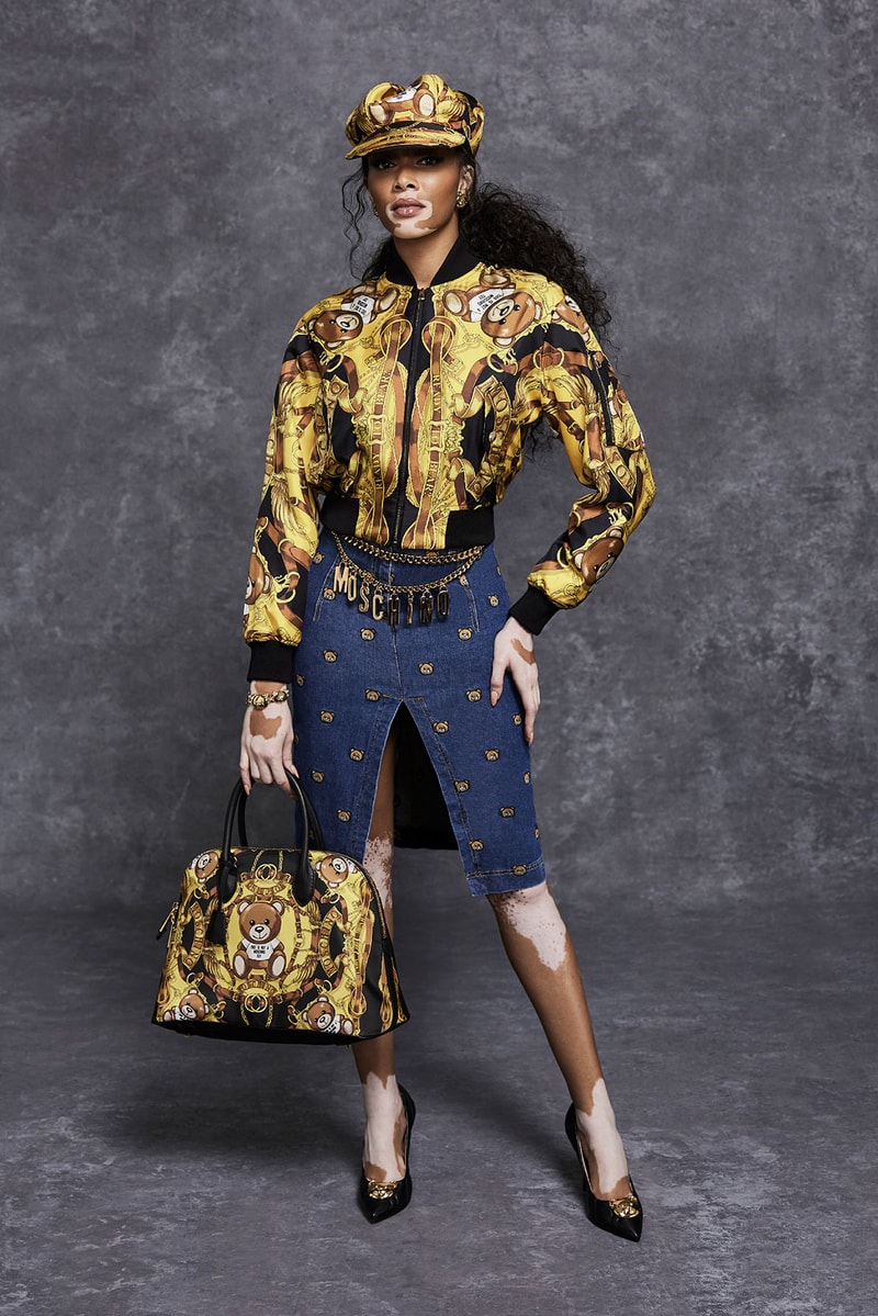 moschino pre fall 2021 womenswear collection lookbook jeremy scott winnie harlow sweatsuit dresses designer bag