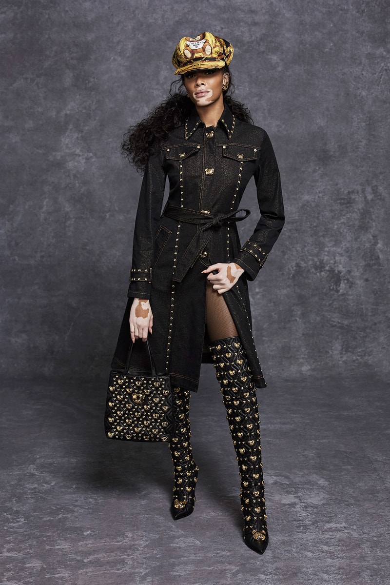moschino pre fall 2021 womenswear collection lookbook jeremy scott winnie harlow sweatsuit dresses designer bag