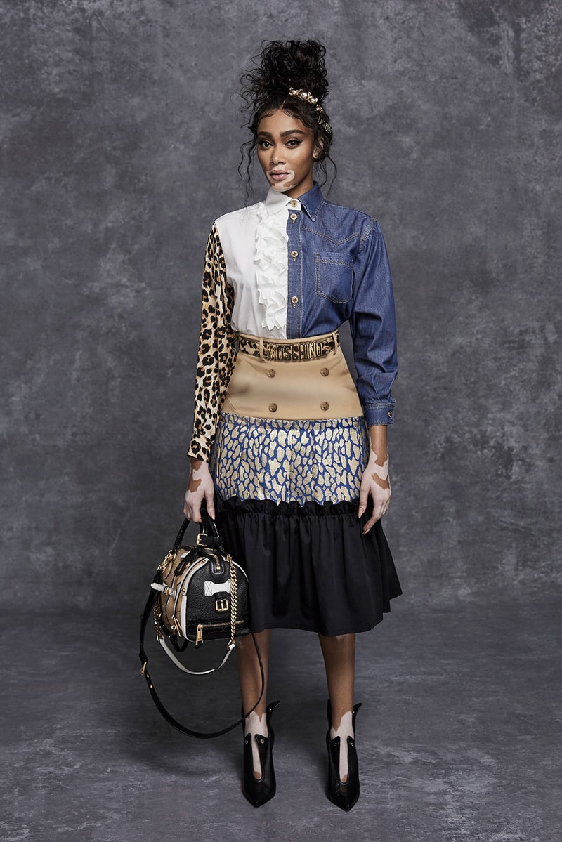 moschino pre fall 2021 womenswear collection lookbook jeremy scott winnie harlow sweatsuit dresses designer bag