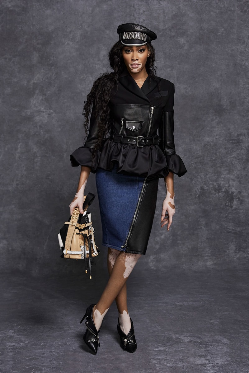 moschino pre fall 2021 womenswear collection lookbook jeremy scott winnie harlow sweatsuit dresses designer bag