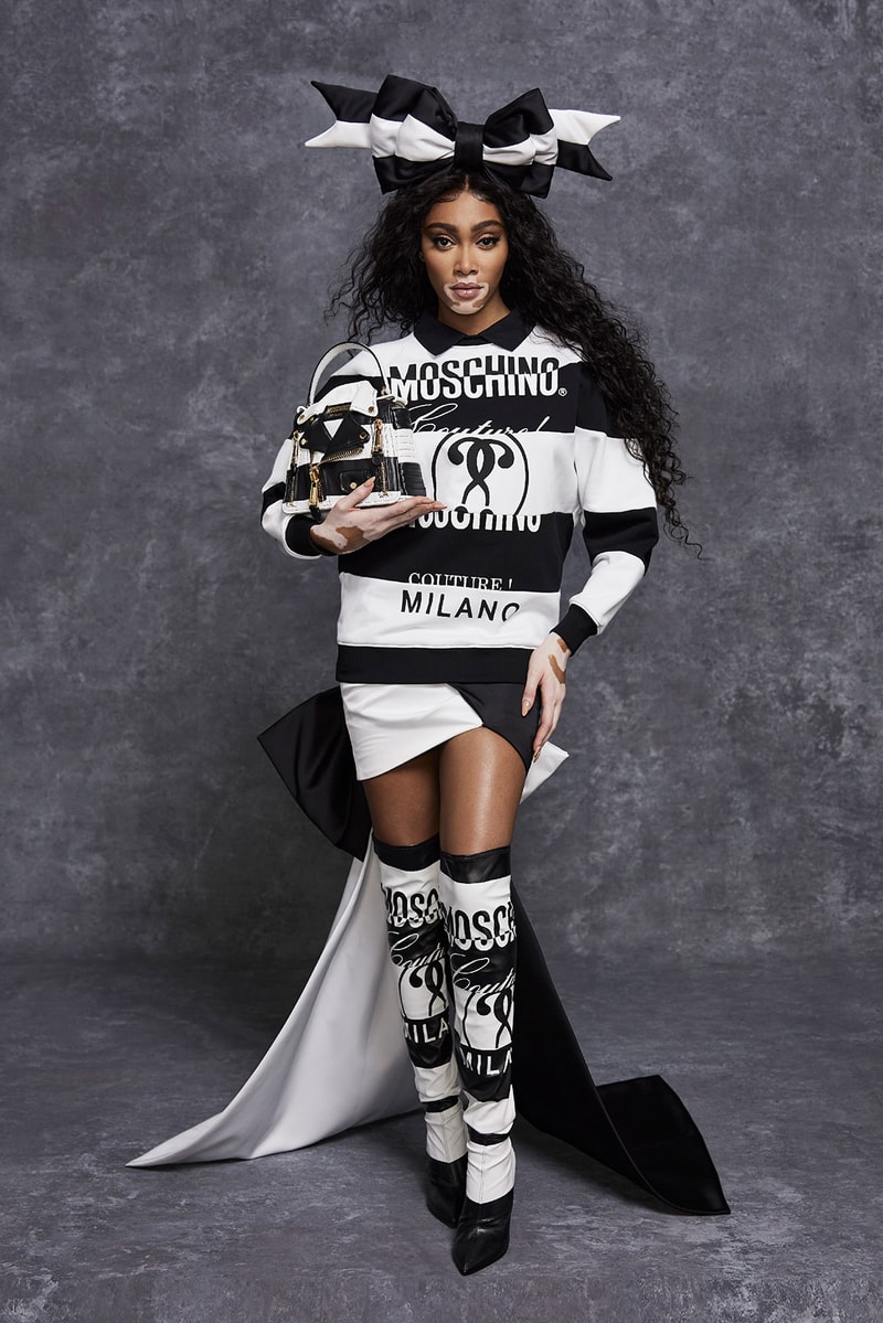 moschino pre fall 2021 womenswear collection lookbook jeremy scott winnie harlow sweatsuit dresses designer bag