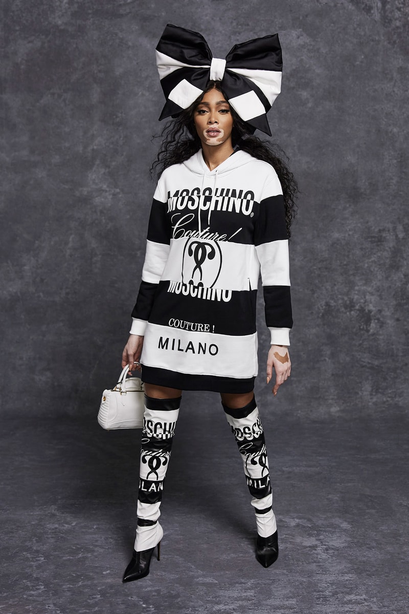moschino pre fall 2021 womenswear collection lookbook jeremy scott winnie harlow sweatsuit dresses designer bag