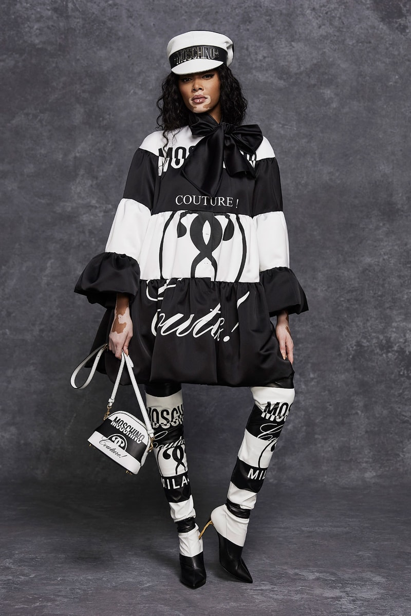 moschino pre fall 2021 womenswear collection lookbook jeremy scott winnie harlow sweatsuit dresses designer bag