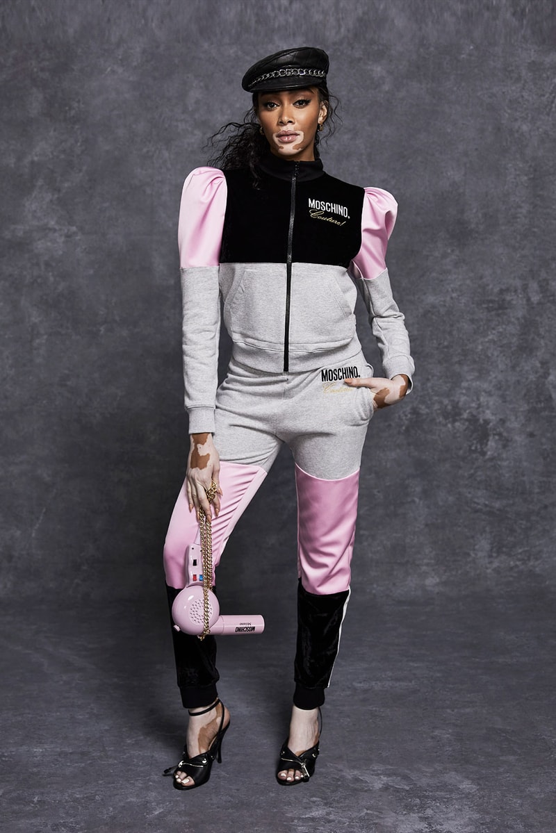 moschino pre fall 2021 womenswear collection lookbook jeremy scott winnie harlow sweatsuit dresses designer bag
