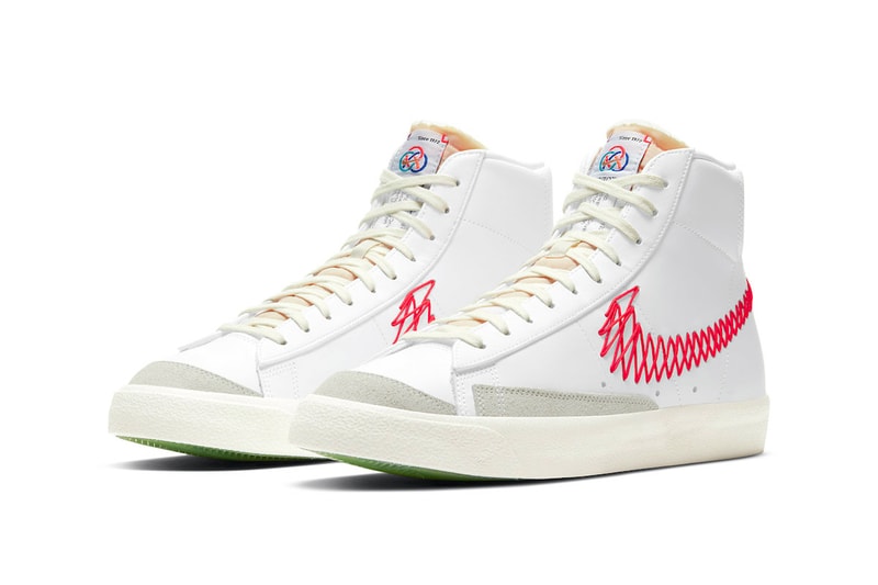 nike blazer mid 77 vintage zig zag stitched swoosh bright crimson orange white sneakers front view