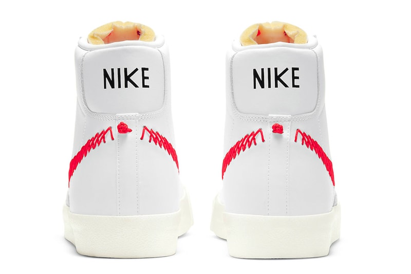 nike blazer mid 77 vintage zig zag stitched swoosh bright crimson orange white sneakers back heel rear ankle