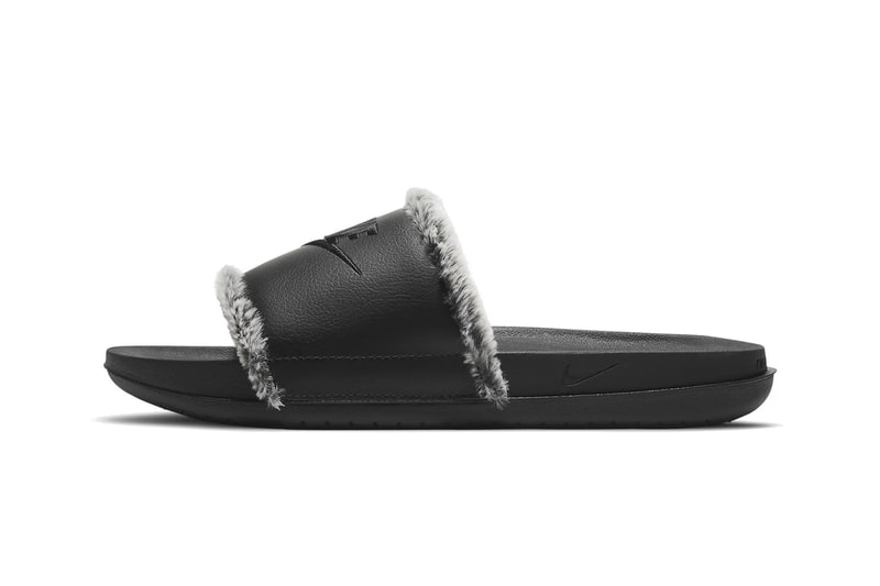 Nike Logo Slides Plush Faux Fur Lining Black Indoor Footwear Shoes Grey 