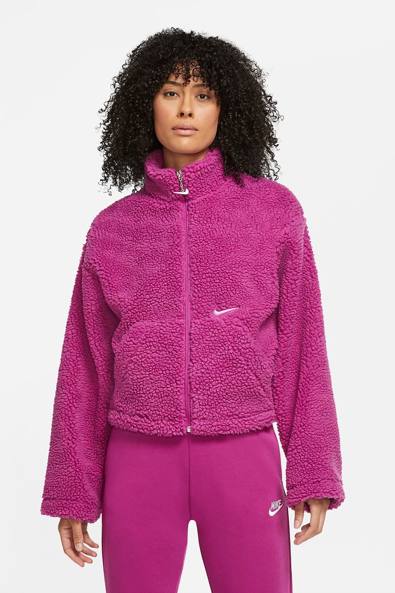 nike sportswear womens swoosh shearling jacket pink white fashion 