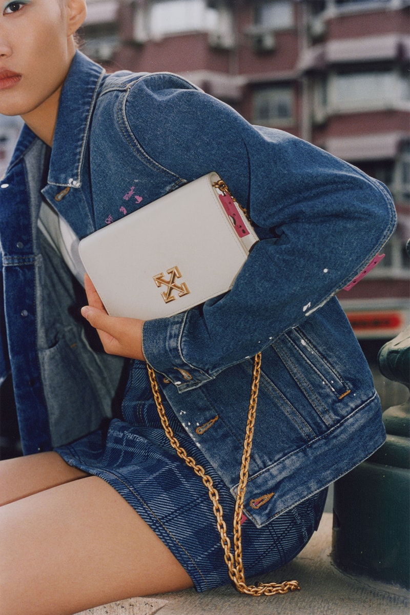 off-white wechat weixin mini program capsule collaboration china denim jacket check skirt white bag