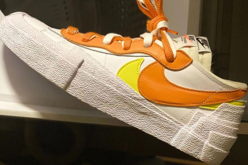 sacai nike blazer low magma orange yellow white collaboration details close up