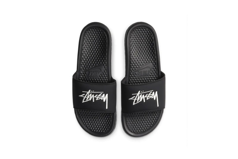 stussy nike benassi slides collaboration white black green colorway shoes footwear slippers 