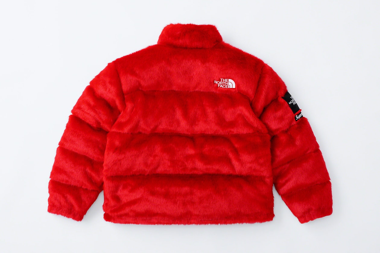 the north face supreme fall winter collaboration faux fur nuptse jackets backpacks waist bags red black green release