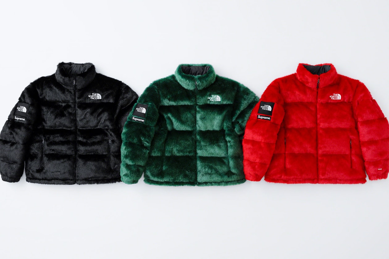 the north face supreme fall winter collaboration faux fur nuptse jackets backpacks waist bags red black green release