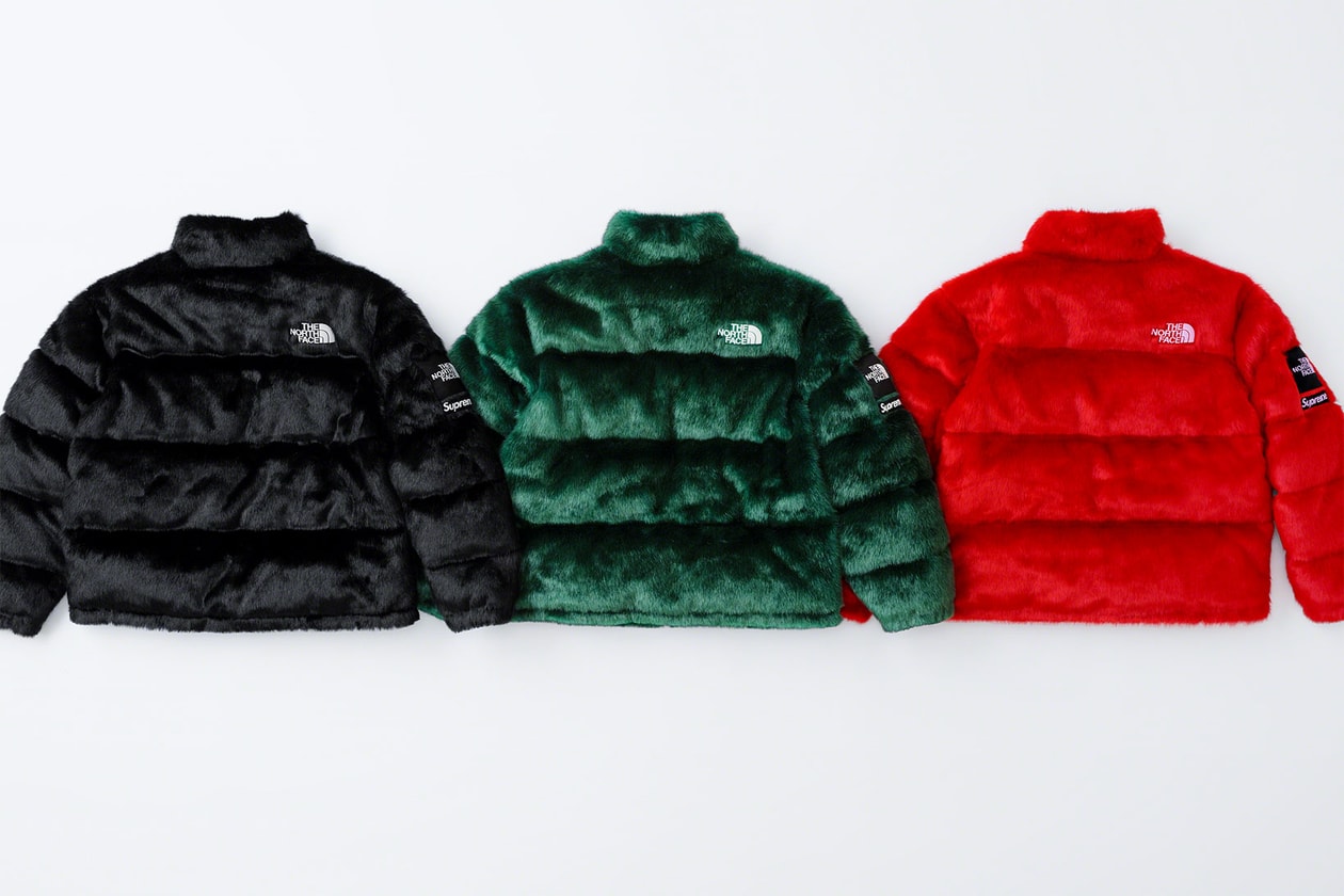 the north face supreme fall winter collaboration faux fur nuptse jackets backpacks waist bags red black green release