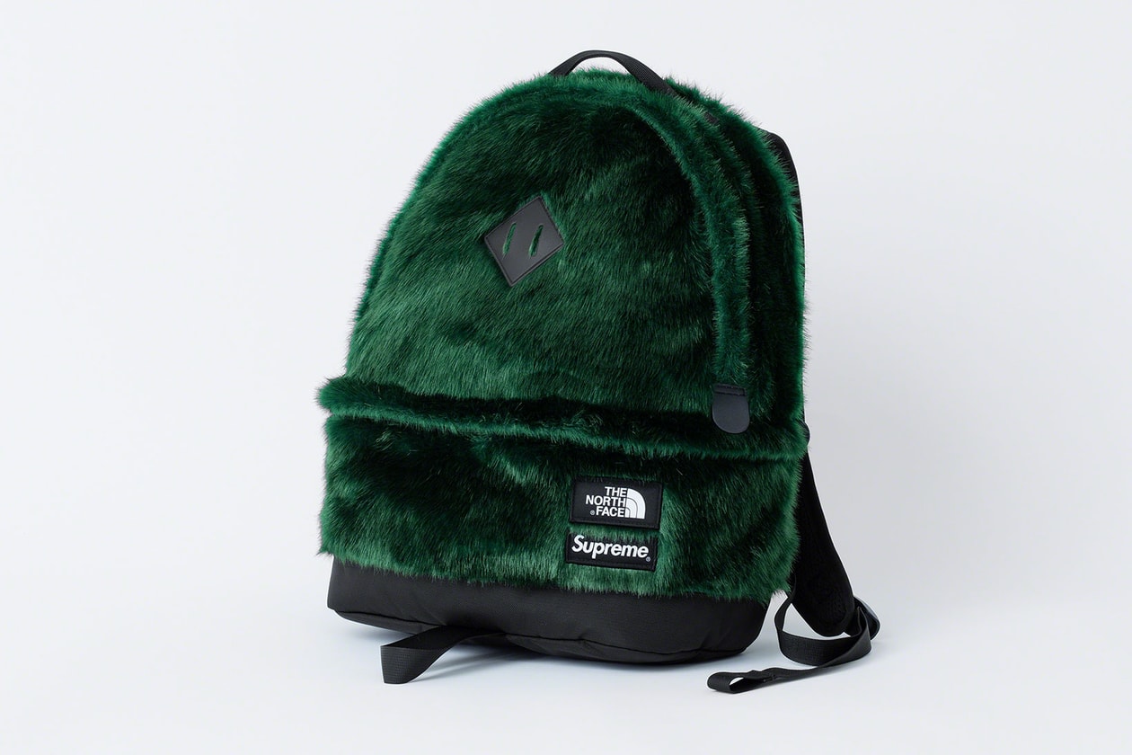 the north face supreme fall winter collaboration faux fur nuptse jackets backpacks waist bags red black green release