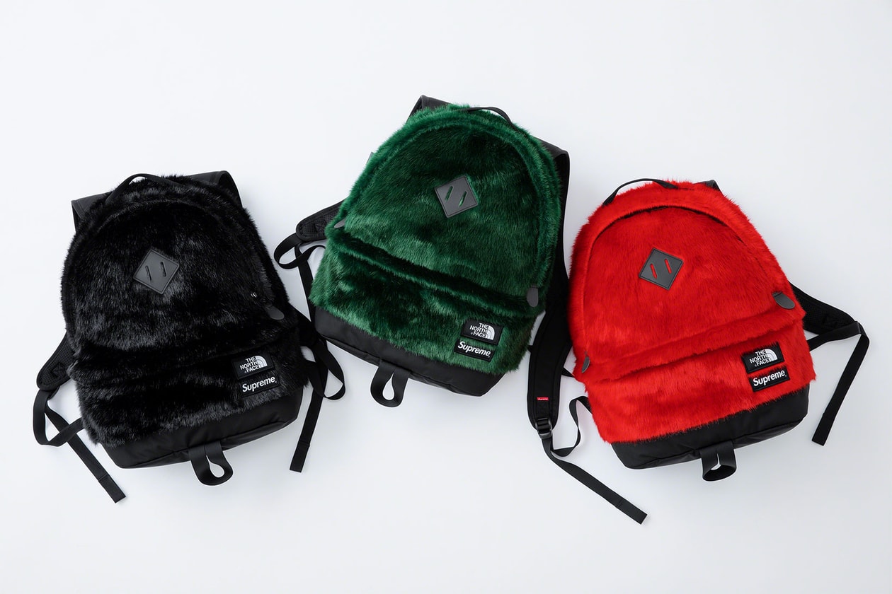 the north face supreme fall winter collaboration faux fur nuptse jackets backpacks waist bags red black green release