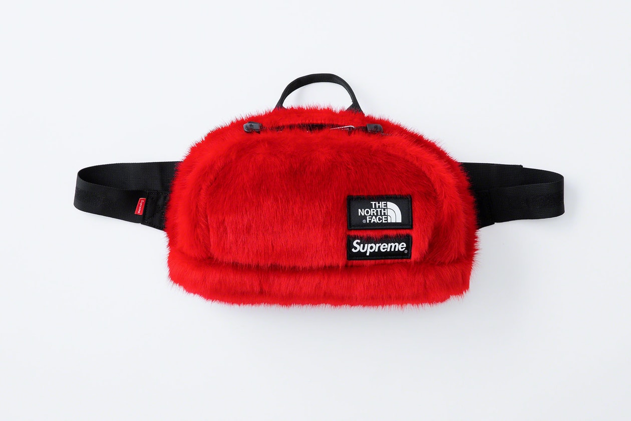the north face supreme fall winter collaboration faux fur nuptse jackets backpacks waist bags red black green release