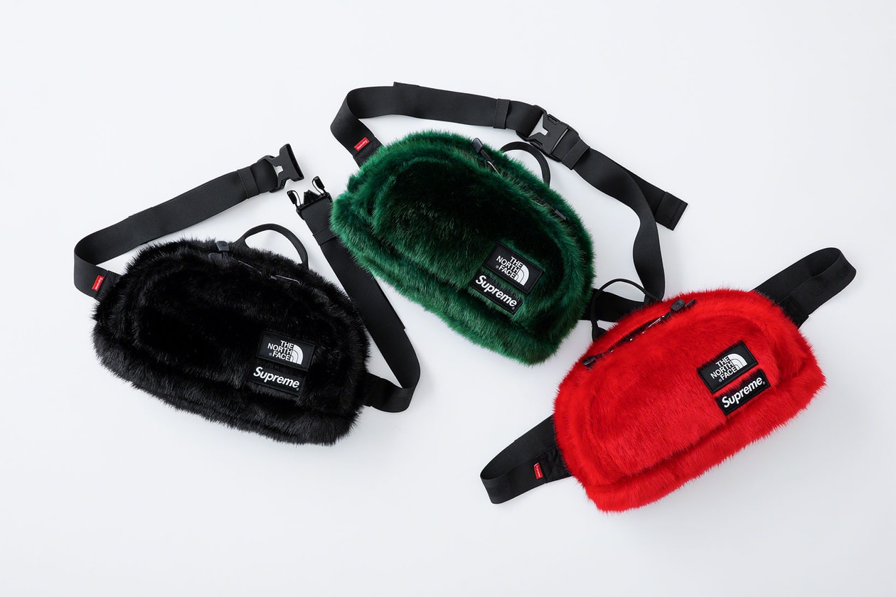 the north face supreme fall winter collaboration faux fur nuptse jackets backpacks waist bags red black green release