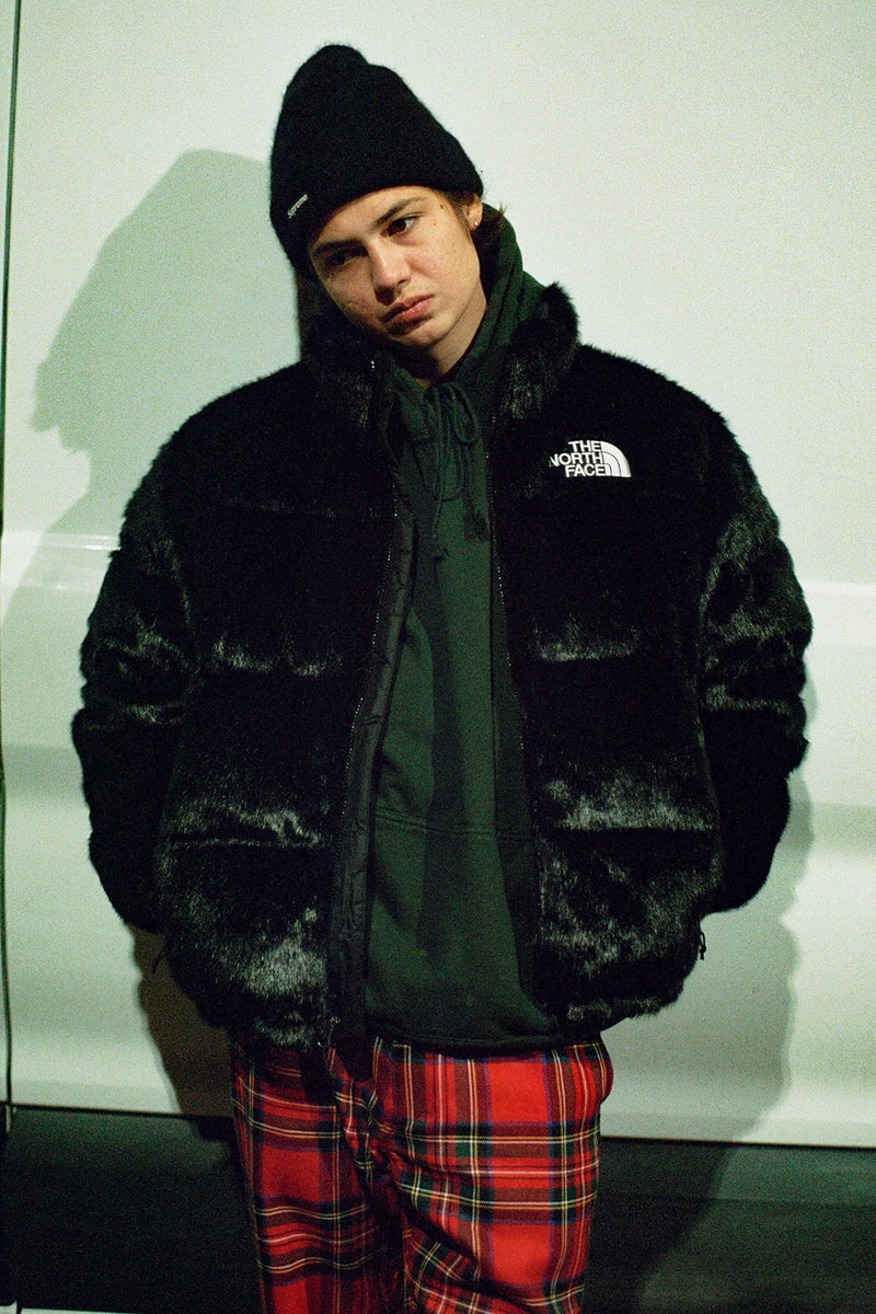 the north face supreme fall winter collaboration faux fur nuptse jackets backpacks waist bags red black green release
