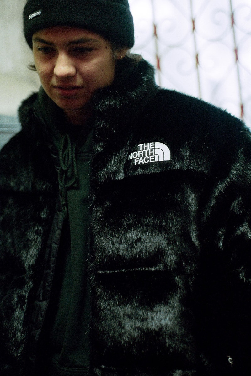 the north face supreme fall winter collaboration faux fur nuptse jackets backpacks waist bags red black green release
