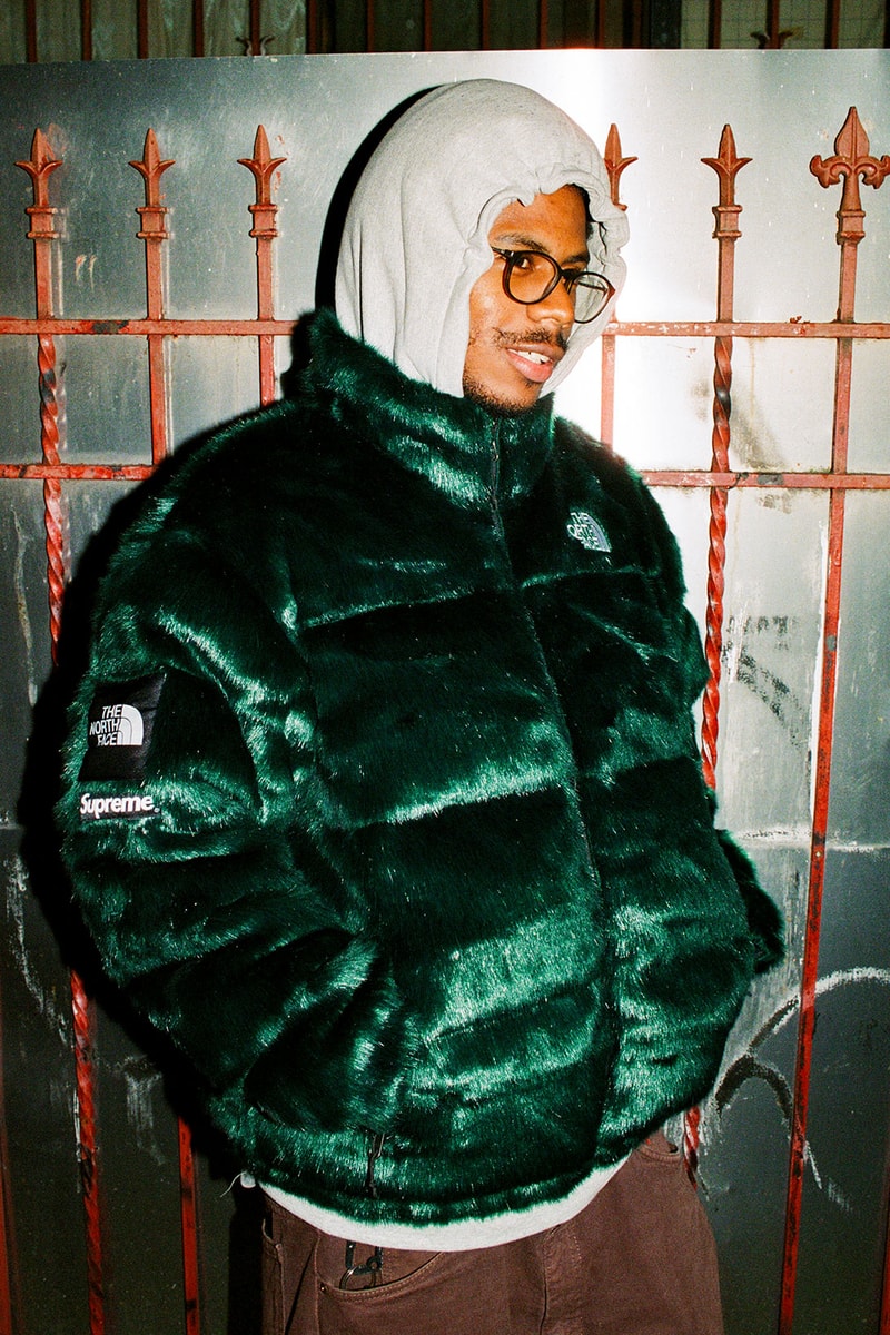 the north face supreme fall winter collaboration faux fur nuptse jackets backpacks waist bags red black green release
