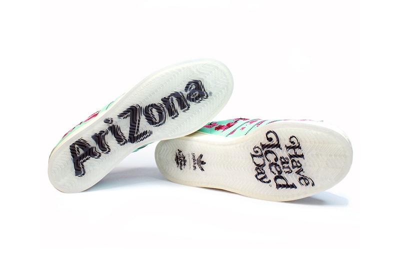 adidas originals arizona iced tea superstar collaboration sneakers big cans soles teal blue pink flowers black white