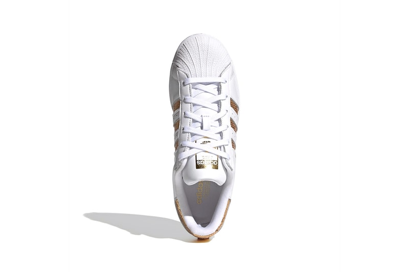 adidas originals superstar womens sneakers metallic gold sequins white colorway sneakerhead footwear shoes aerial birds eye view laces