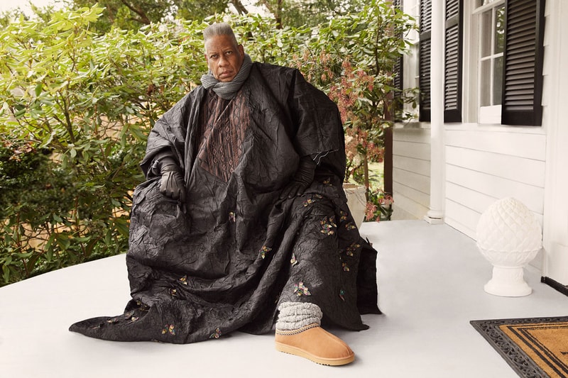 andre leon talley vogue fashion news director ugg spring summer feel campaign tasman slipper black gloves dress gray scarf plants house shoes footwear beige brown