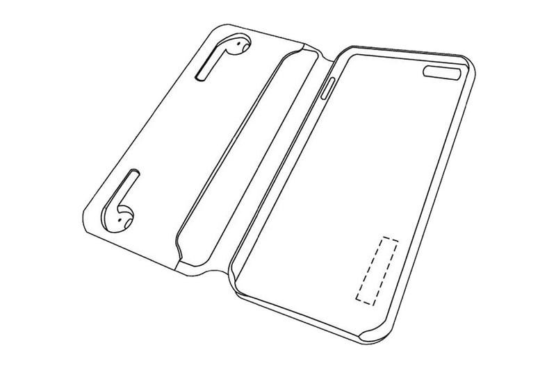 apple iphone case airpods charging built-in integrated design mock-up illustration drawing folding style inner flap slots