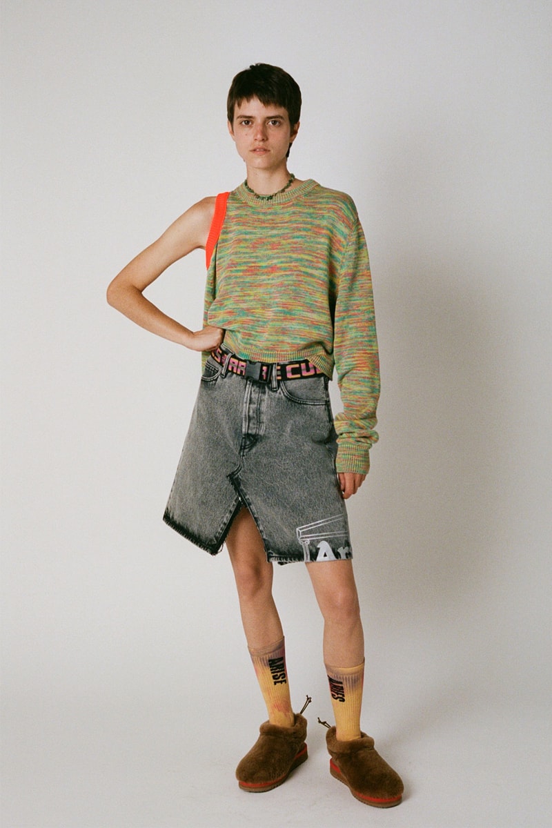aries spring summer ss21 collection lookbook asymmetrical knit sweater denim skirt