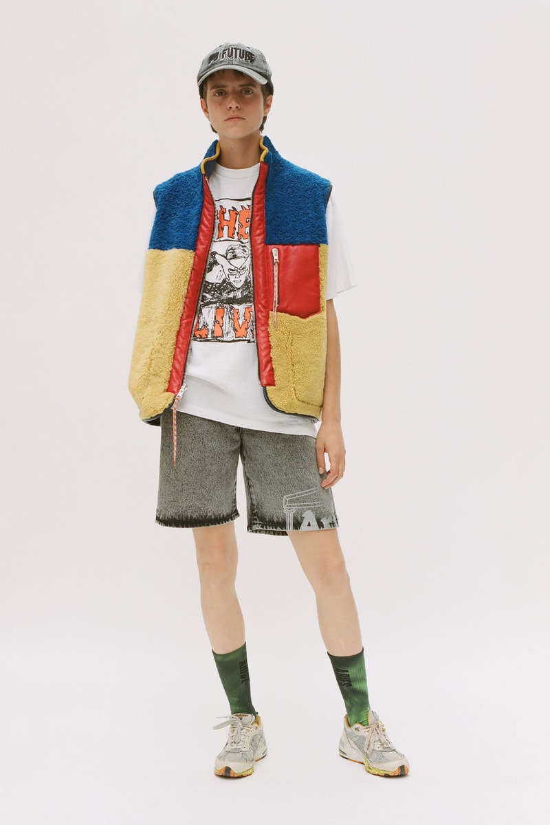 aries spring summer ss21 collection lookbook white graphic t-shirt denim shorts fleece vest