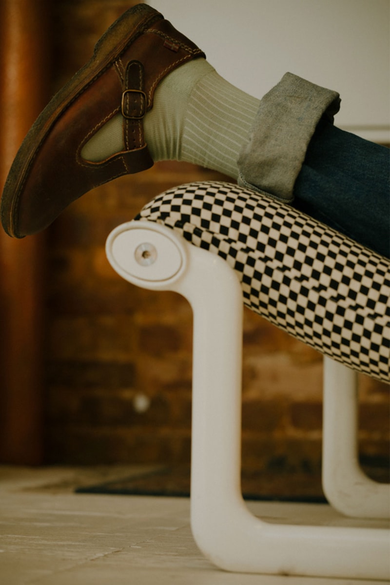 comme si lichen collaboration lookbook socks loafers green jeans chair