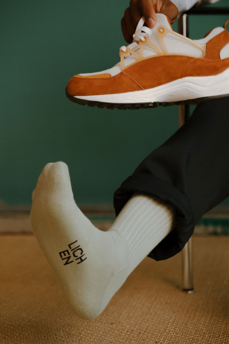 comme si lichen collaboration lookbook logo socks green sneakers