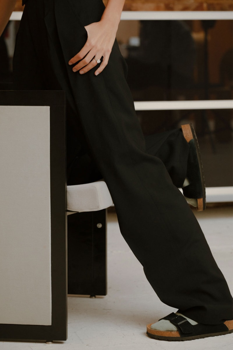 comme si lichen collaboration lookbook loose black pants trousers birkenstocks slides socks