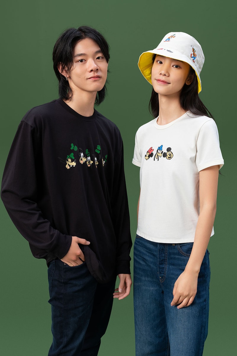 disney levis mickey and friends collaboation denim jeans black white tee shirt goofy bucket hat
